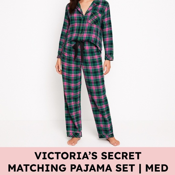 Victoria’s Secret Plaid Flannel Pajama Set Cotton Modal Loungecore M Pink Green - Picture 1 of 11
